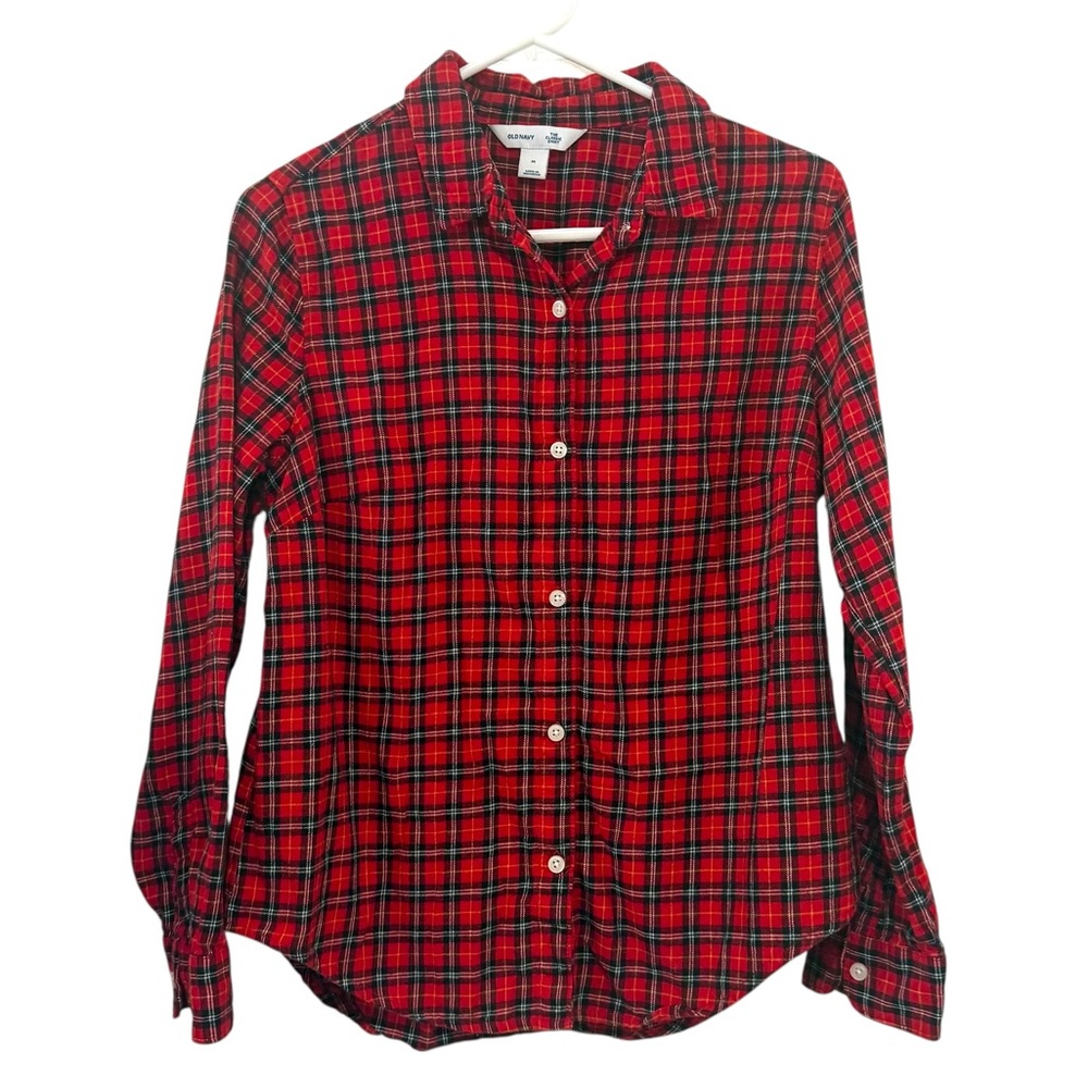 Old Navy Medium Red Black Plaid Flannel Button Down Shirt Classic Cotton